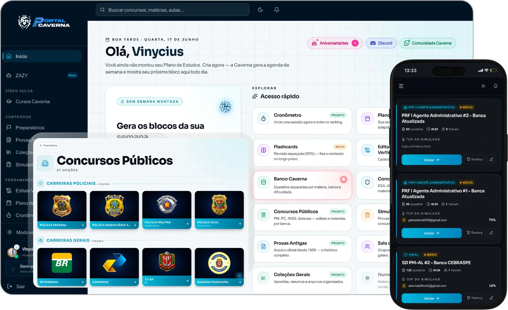 Portal Caverna aberto no computador, tablet e celular
