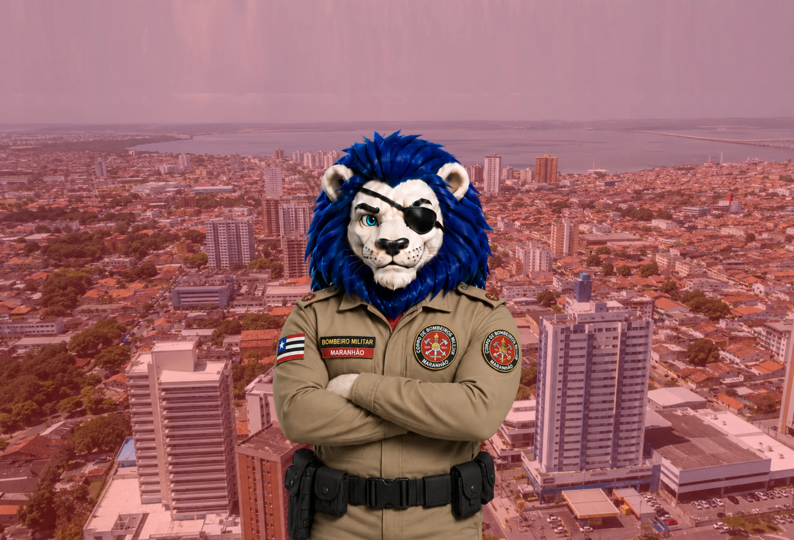 Leão mascote fardado do Corpo de Bombeiros Militar do Maranhão, de braços cruzados, sobre a cidade de São Luís
