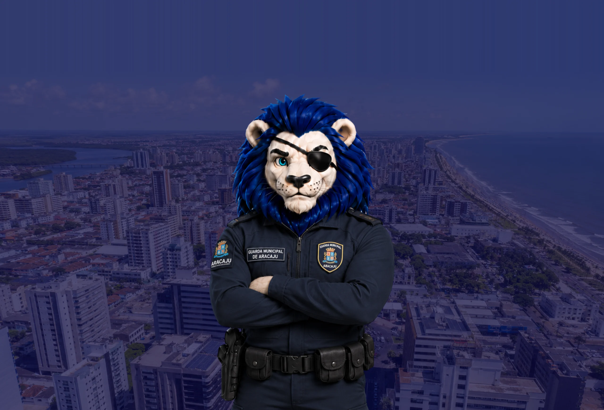 Leão mascote fardado da Guarda Municipal de Aracaju, de braços cruzados, sobre a orla e a cidade de Aracaju