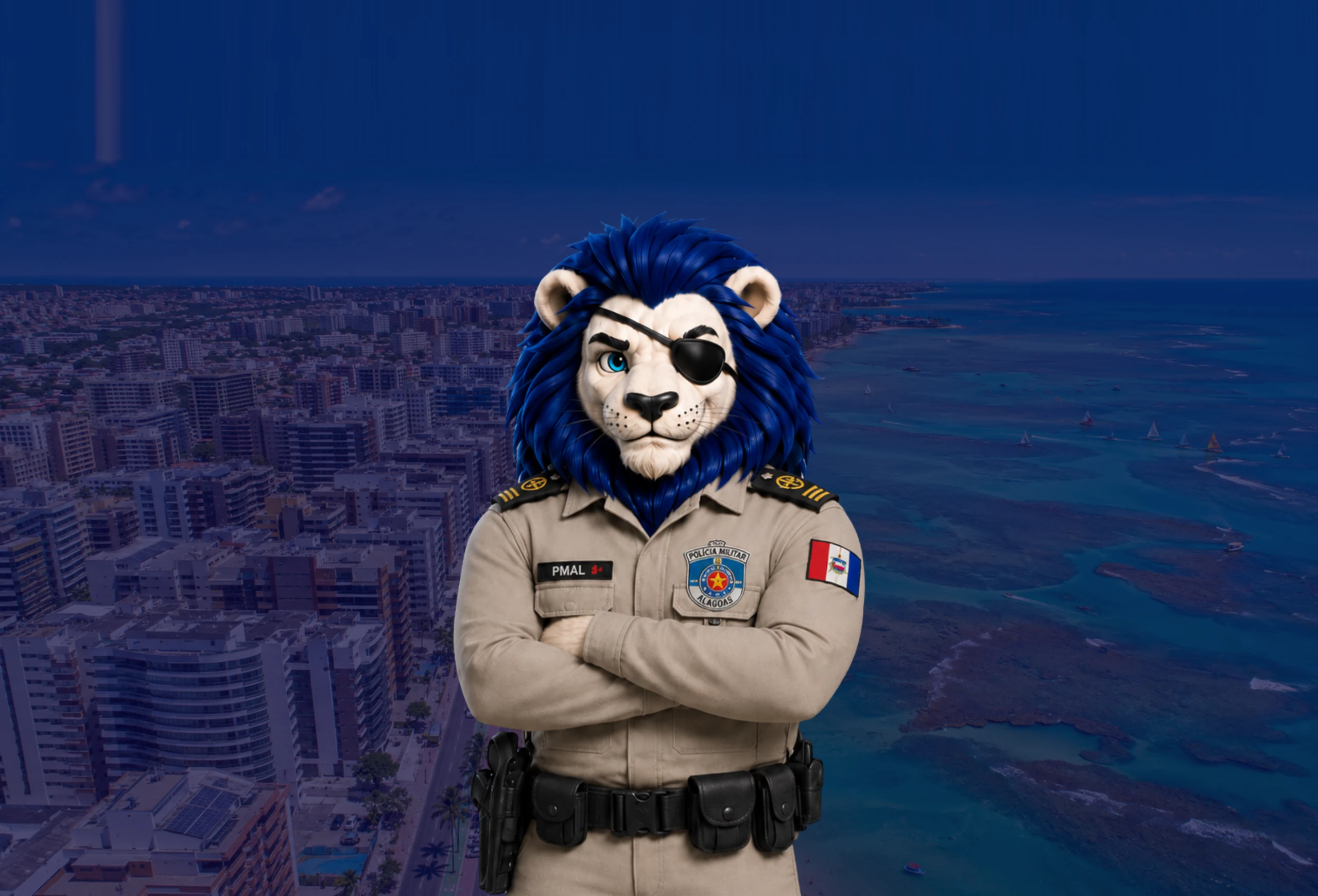 Leão mascote fardado da PMAL de braços cruzados sobre o litoral de Alagoas