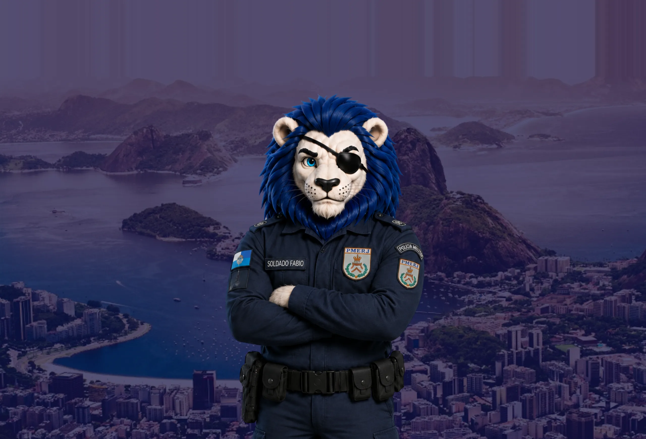 Leão mascote fardado da Polícia Militar do Estado do Rio de Janeiro, de braços cruzados, sobre a cidade do Rio de Janeiro
