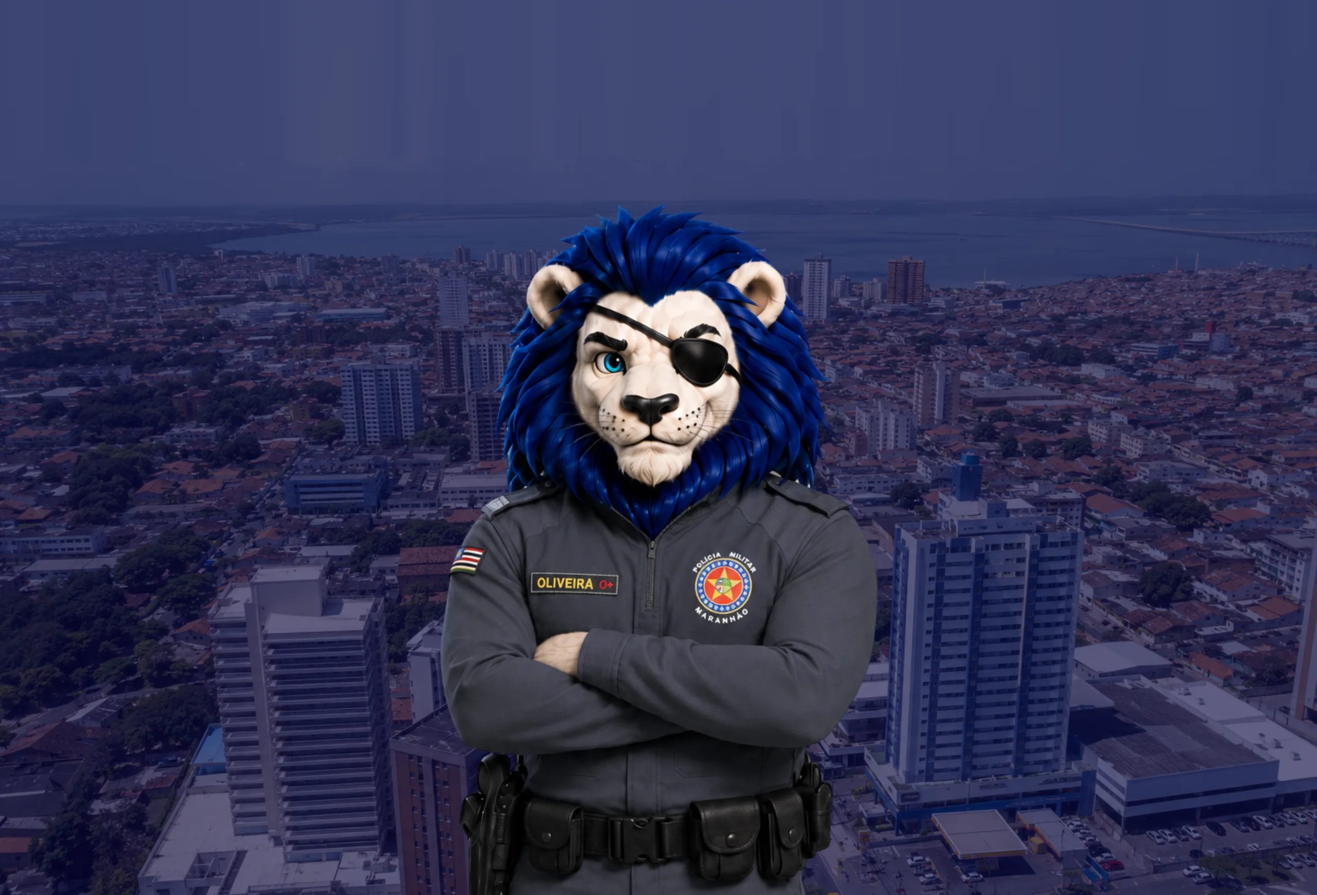 Leão mascote fardado da Polícia Militar do Maranhão, de braços cruzados, sobre a cidade de São Luís