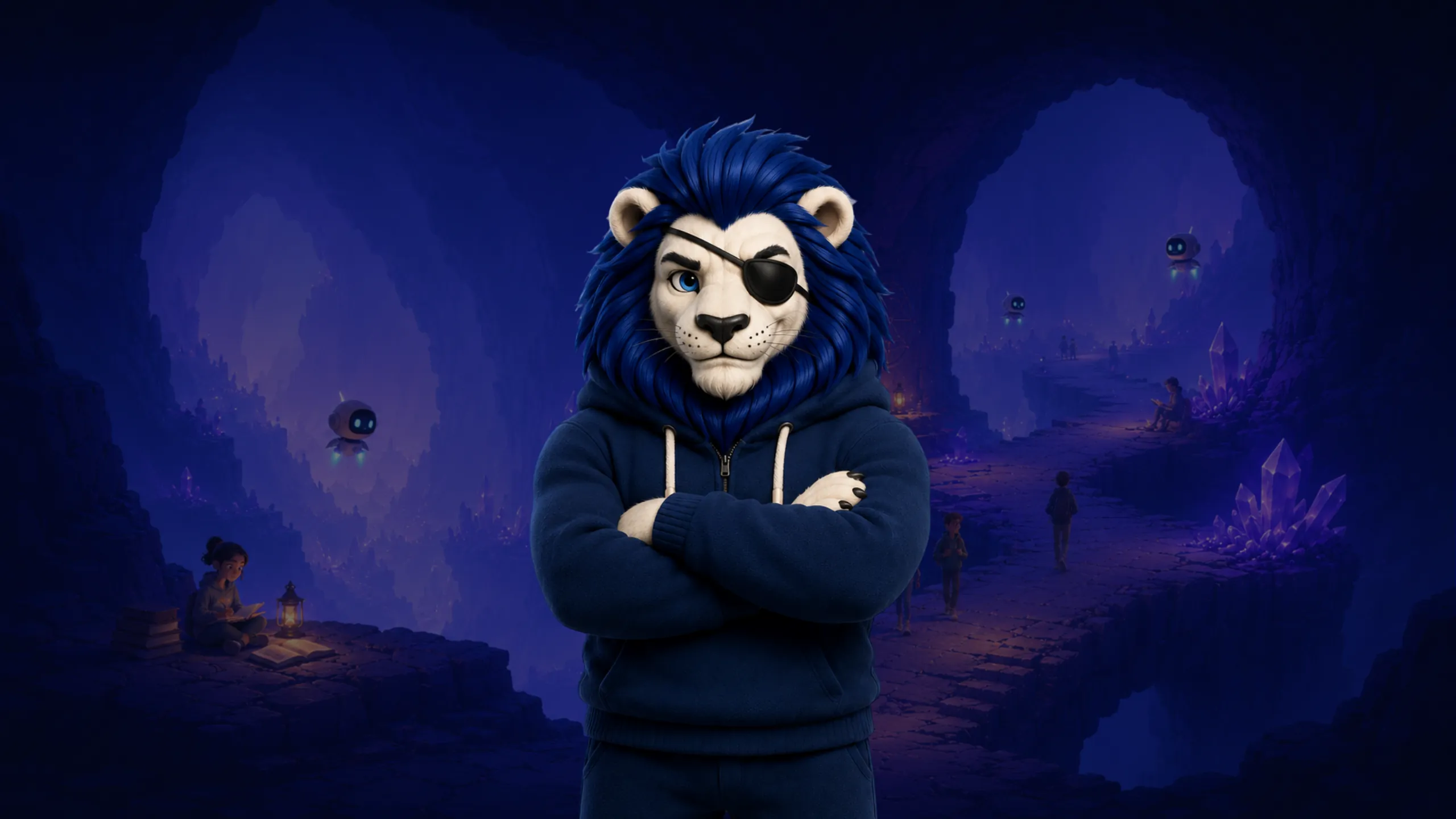 Mascote leão da Caverna numa caverna de estudos