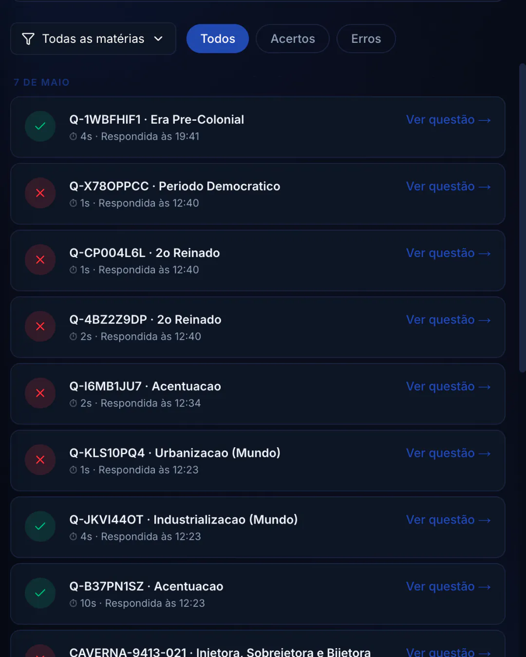 Cada questão, registrada