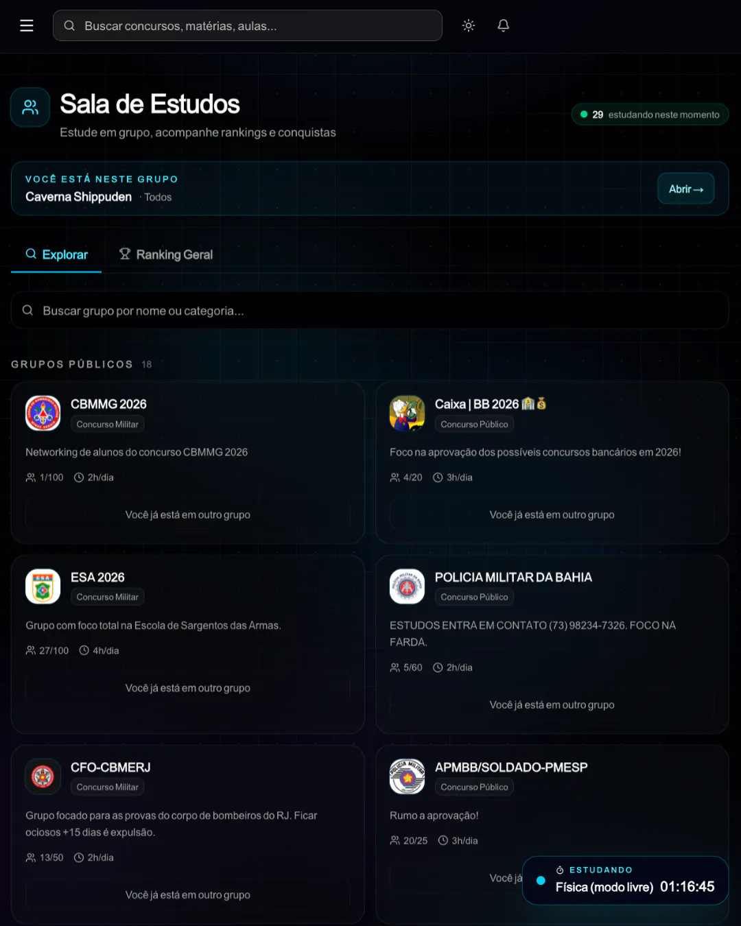 Estude em grupo, em tempo real