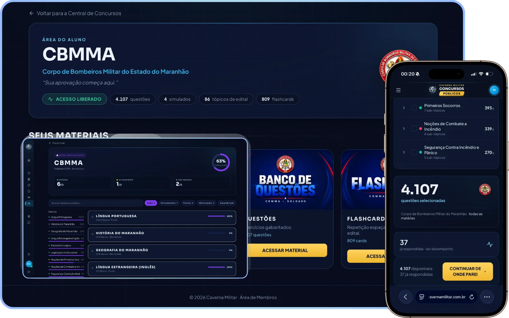 Plataforma de Treinamento CBMMA aberta no computador e no celular