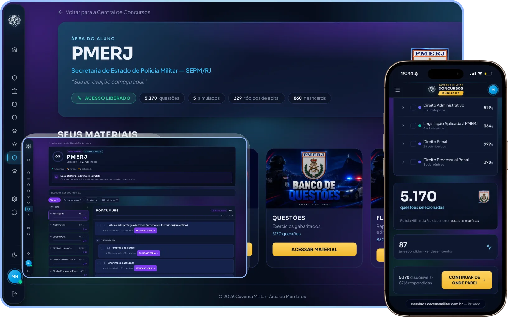 Plataforma de Treinamento PMERJ aberta no computador e no celular
