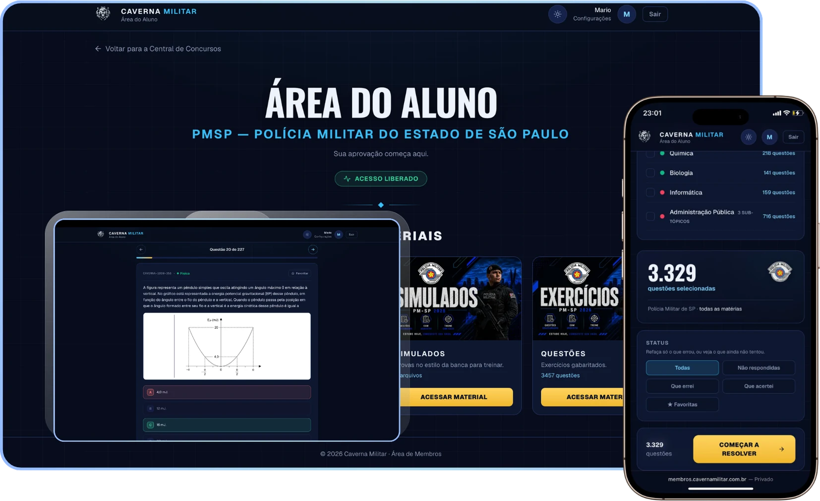 Plataforma de Treinamento PM-SP aberta no computador, tablet e celular