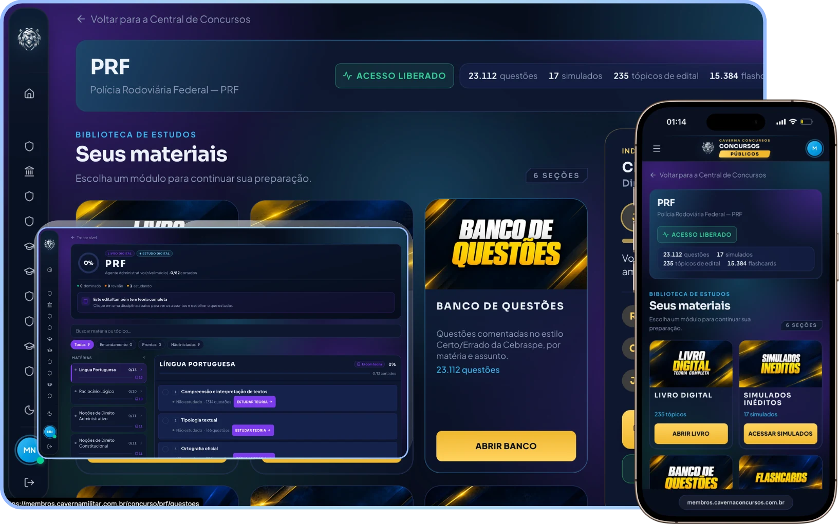 Plataforma de Treinamento da PRF aberta no computador e no celular