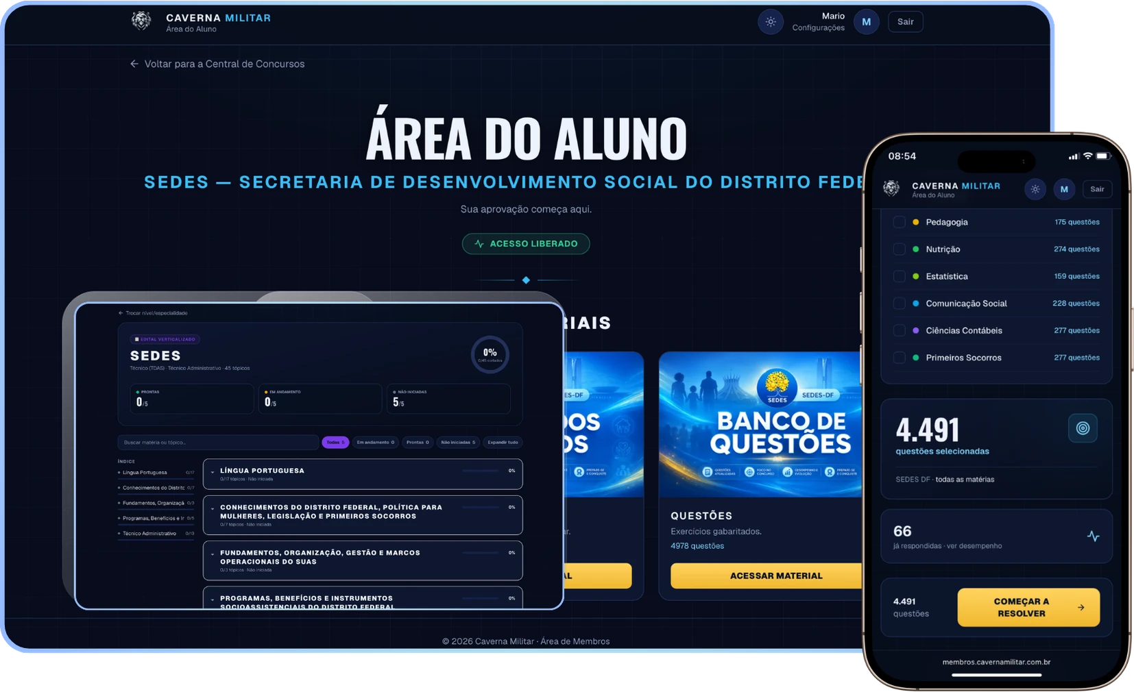 Plataforma de Treinamento Sedes DF aberta no computador, tablet e celular