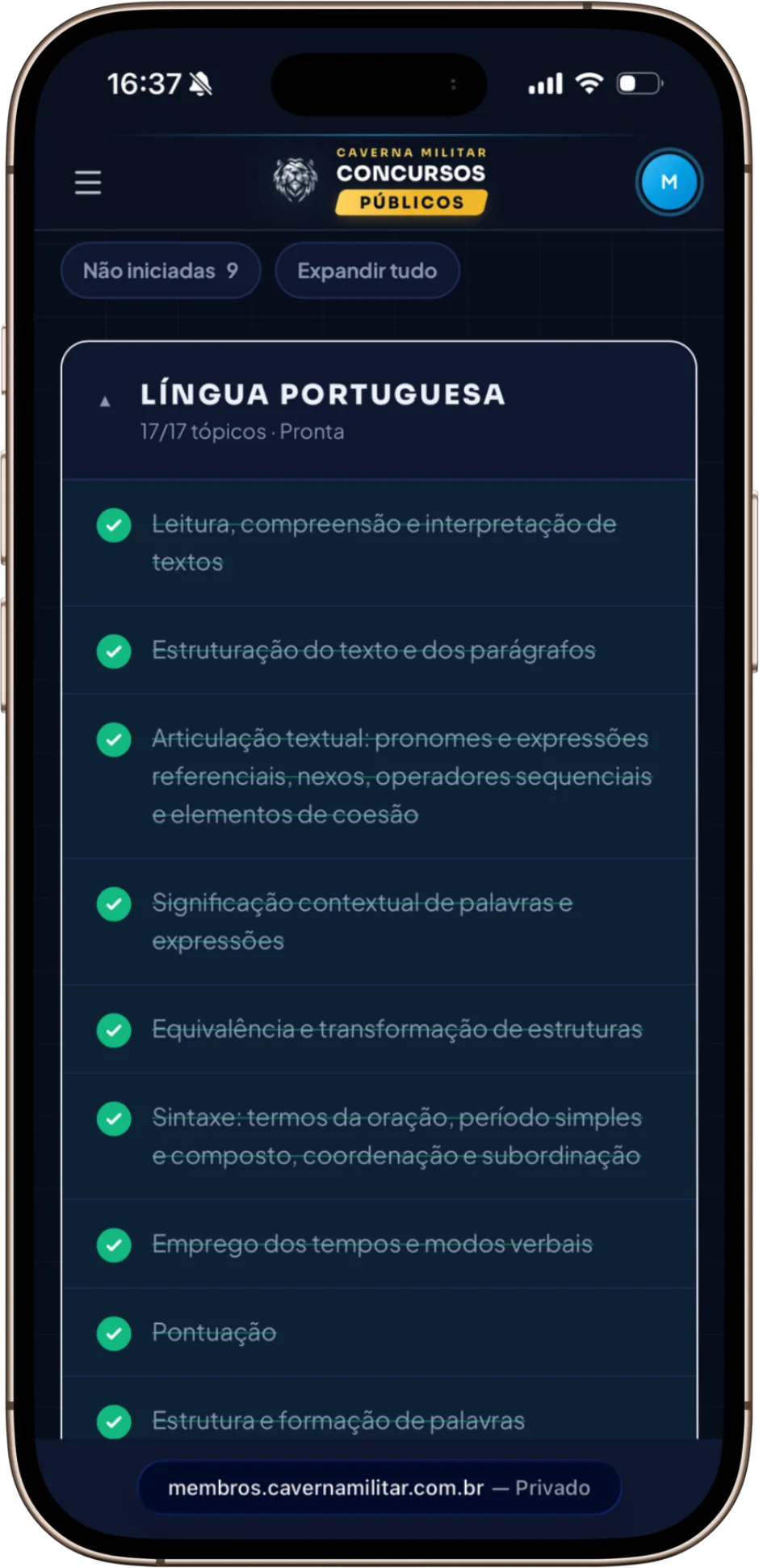 Checklist de matérias