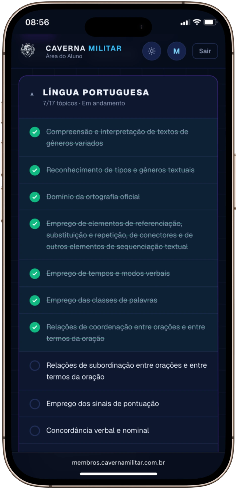 Checklist de matérias