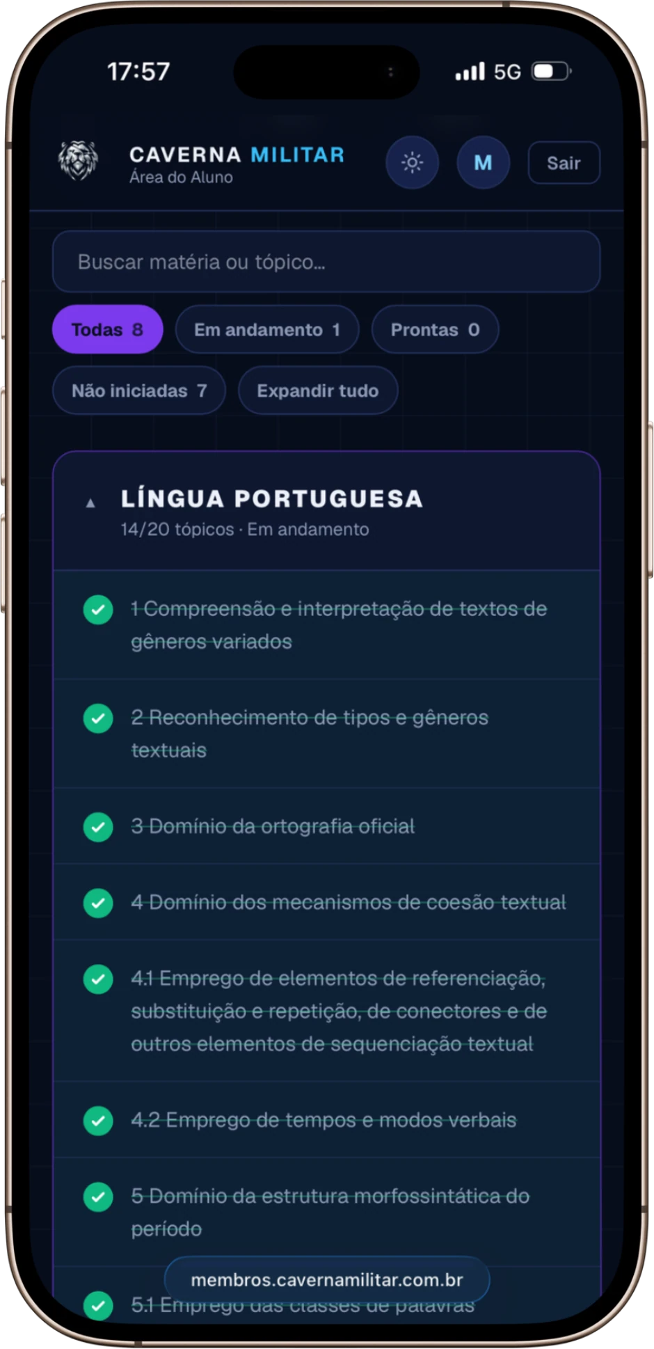 Checklist de matérias