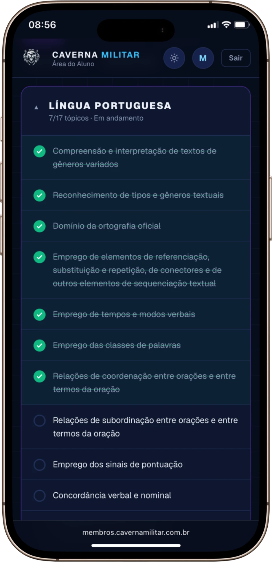 Checklist de matérias